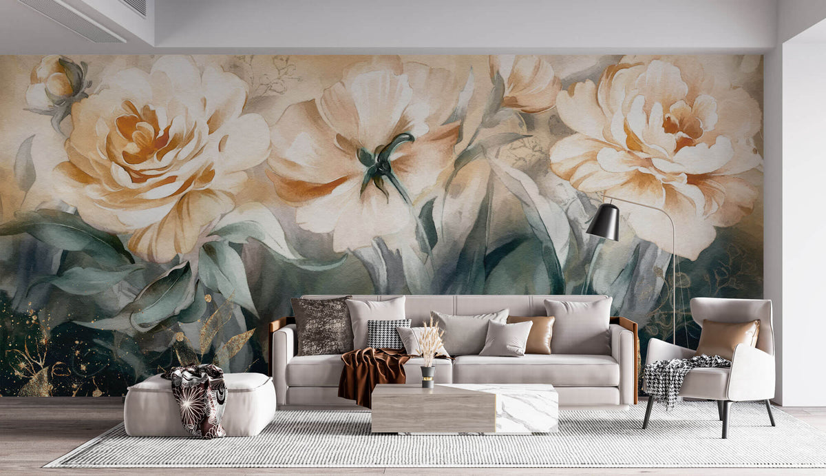 Tapet Personalizat Floral cu flori in nuante de portocaliu piersica si insertii aurii - CARAMEL ROSES GOLD