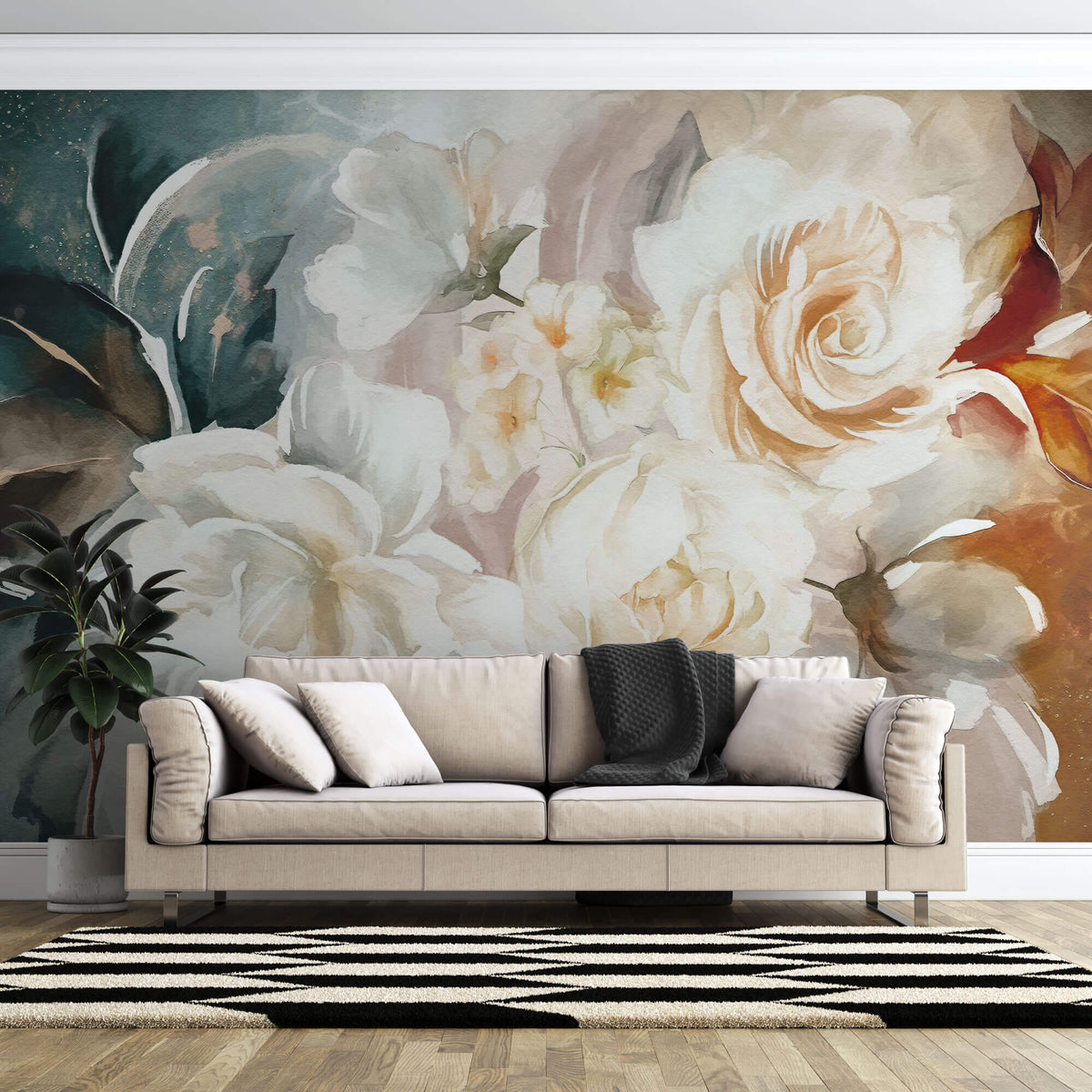 Tapet Personalizat Floral cu flori in nuante de portocaliu piersica si verde-albastrui - WATERCOLOR PAPER ROSES