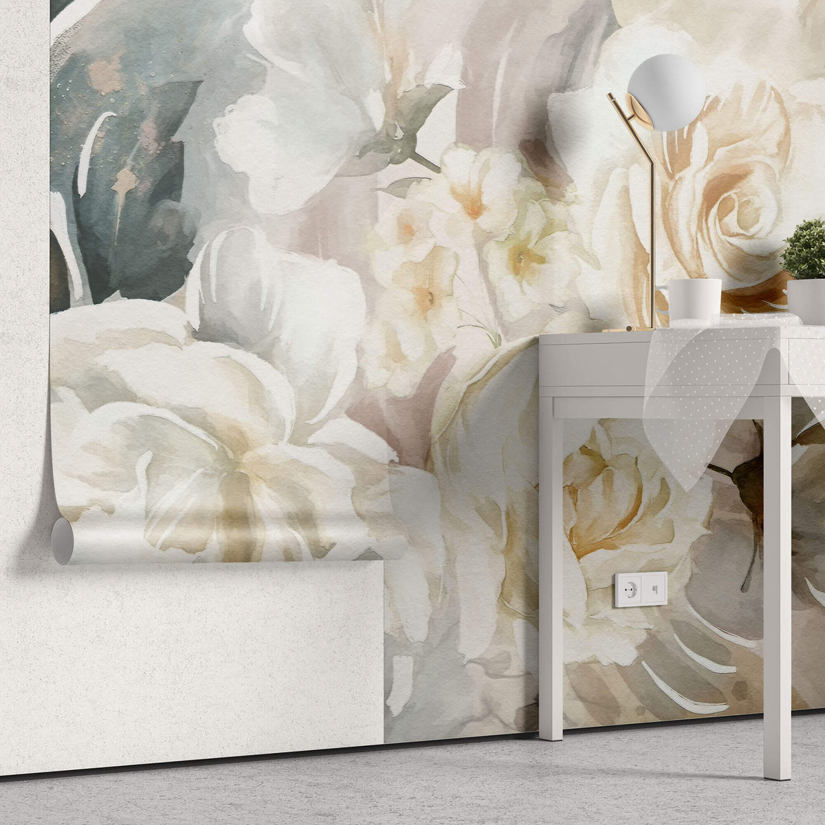 Tapet Personalizat Floral cu flori in nuante de portocaliu piersica si verde-albastrui - WATERCOLOR PAPER ROSES