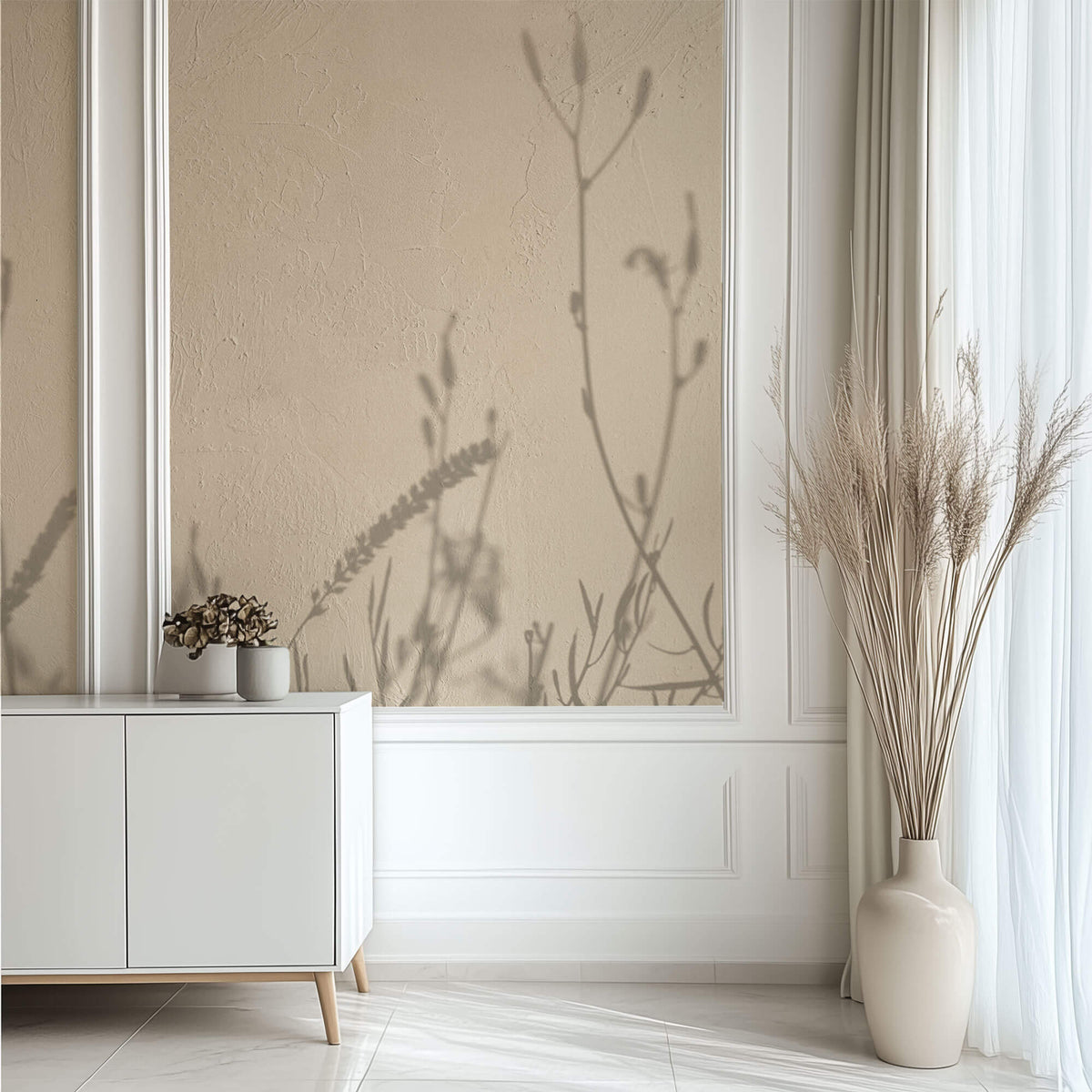Fototapet Personalizat Floral cu umbre de plante pe un perete in stil plaster - GENTLE SHADOWS