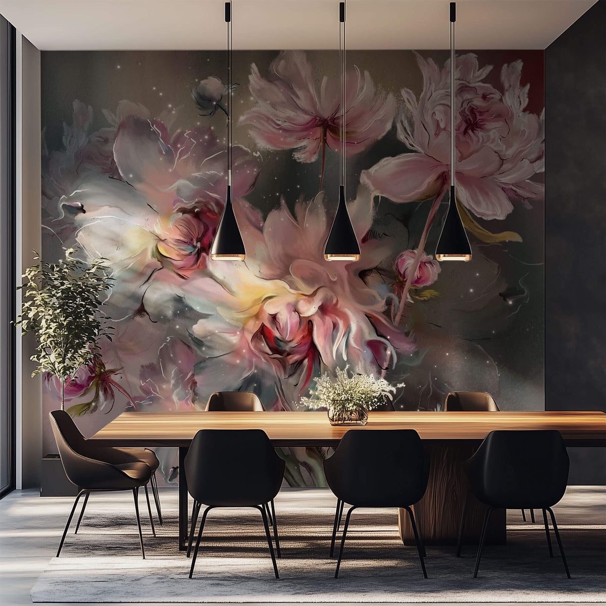 Tapet Personalizat Floral cu bujori pictati in nuante de roz - PINK NEBULA PEONIES