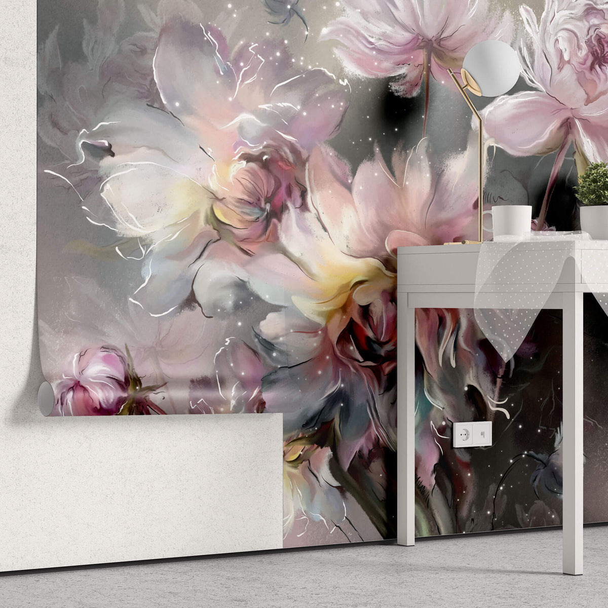 Tapet Personalizat Floral cu bujori pictati in nuante de roz - PINK NEBULA PEONIES