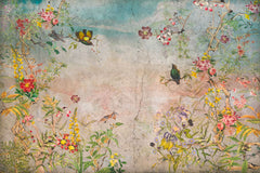 Tapet Personalizat Floral cu elemente florale in culori vibrante pe un fundal de perete cimentat - COLORFUL GARDEN VIVID