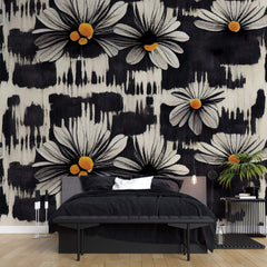 Tapet Personalizat Floral cu margarete albe in fundal negru pictat - BLACK DAISY
