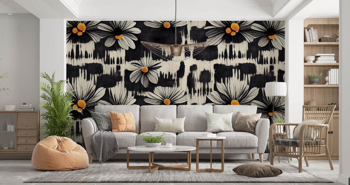 Tapet Personalizat Floral cu margarete albe in fundal negru pictat - BLACK DAISY
