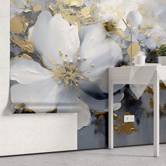 Tapet Personalizat Floral cu pictura florala in nuante de albastru cu accente aurii - PAINTED FLORAL MURAL