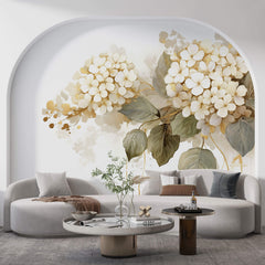 Tapet Personalizat Floral cu hortensie alba cu insertii aurii - GOLDEN CREAM HYDRANGEA