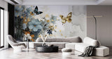 Tapet Personalizat Floral cu pictura florala in nuante de albastru si fluturi aurii - GOLDEN BUTTERFLY