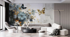 Tapet Personalizat Floral cu pictura florala in nuante de albastru si fluturi aurii - GOLDEN BUTTERFLY