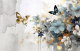 Tapet Personalizat Floral cu pictura florala in nuante de albastru si fluturi aurii - GOLDEN BUTTERFLY