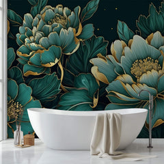 Tapet Personalizat Floral cu ilustratie florala in nuante de verde marin - EMERALD FLORAL