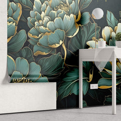 Tapet Personalizat Floral cu ilustratie florala in nuante de verde marin - EMERALD FLORAL