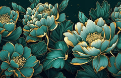 Tapet Personalizat Floral cu ilustratie florala in nuante de verde marin - EMERALD FLORAL