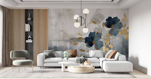Tapet Personalizat Floral cu ilustratie florala abstracta in nuante de albastru si auriu - ABSTRACT GOLDEN FLORALS