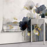 Tapet Personalizat Floral cu ilustratie florala abstracta in nuante de albastru si auriu - ABSTRACT GOLDEN FLORALS