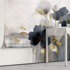Tapet Personalizat Floral cu ilustratie florala abstracta in nuante de albastru si auriu - ABSTRACT GOLDEN FLORALS