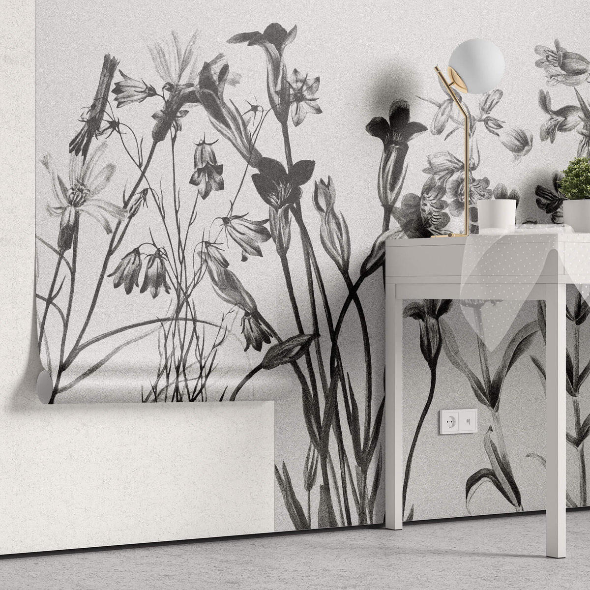 Tapet Personalizat Floral cu flori alb negru si fundal texturat - CONTRAST WILDFLOWERS