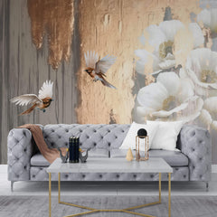 Tapet Personalizat Floral cu flori albe si pasari cu fundal blurat si texturat - 3D BIRD FLORAL