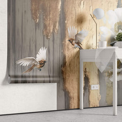 Tapet Personalizat Floral cu flori albe si pasari cu fundal blurat si texturat - 3D BIRD FLORAL