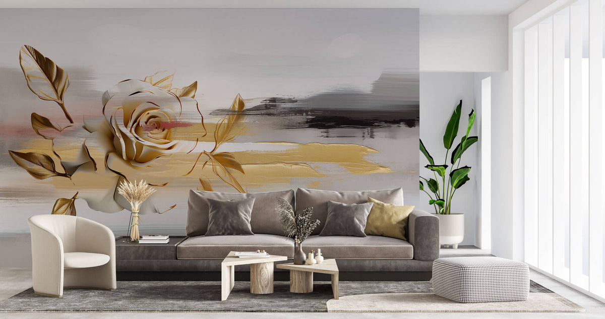 Tapet Personalizat Floral cu pictura abstracta in nuante aurii - SMUDGED GOLD FLORAL
