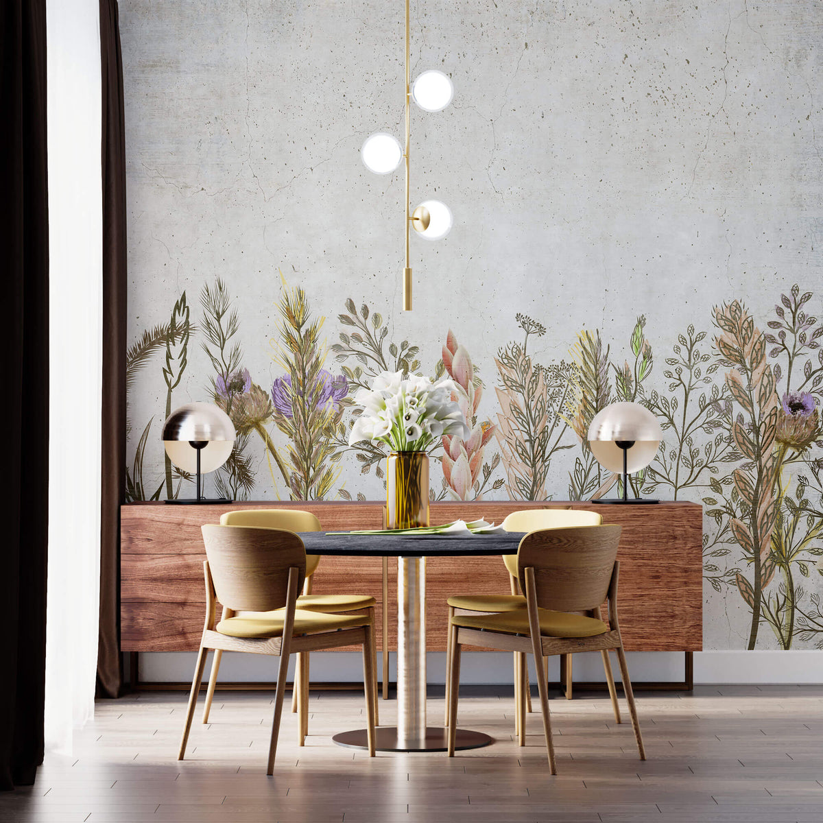 Tapet Personalizat Floral cu amestec de flori pe un fundal de perete de ciment texturat - COCRETE FLORAL LINE ART