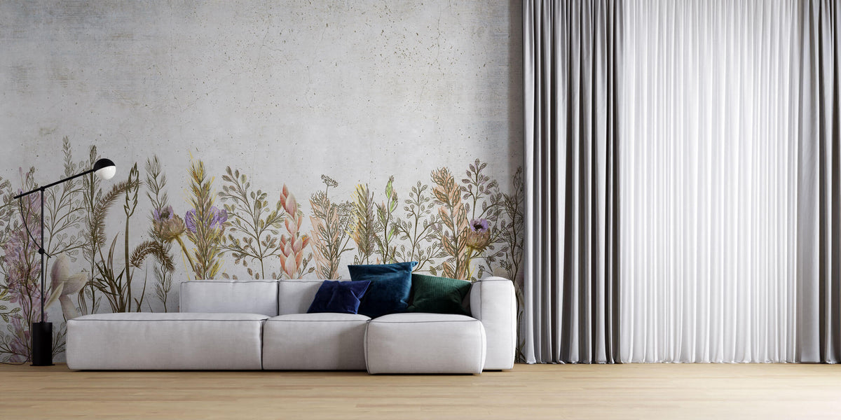 Tapet Personalizat Floral cu amestec de flori pe un fundal de perete de ciment texturat - COCRETE FLORAL LINE ART