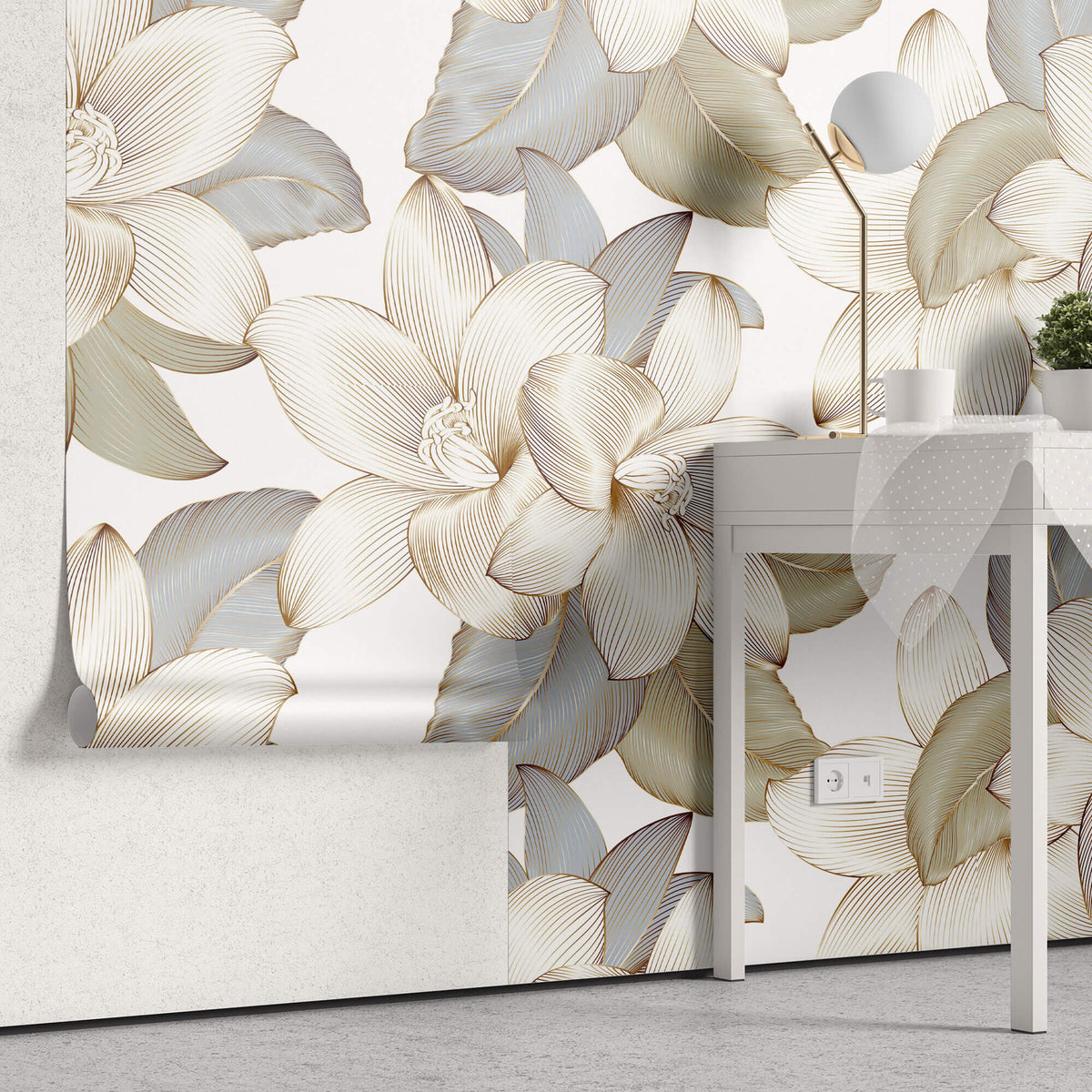 Tapet Personalizat Floral cu flori crem in contur auriu - GOLD CONTOUR