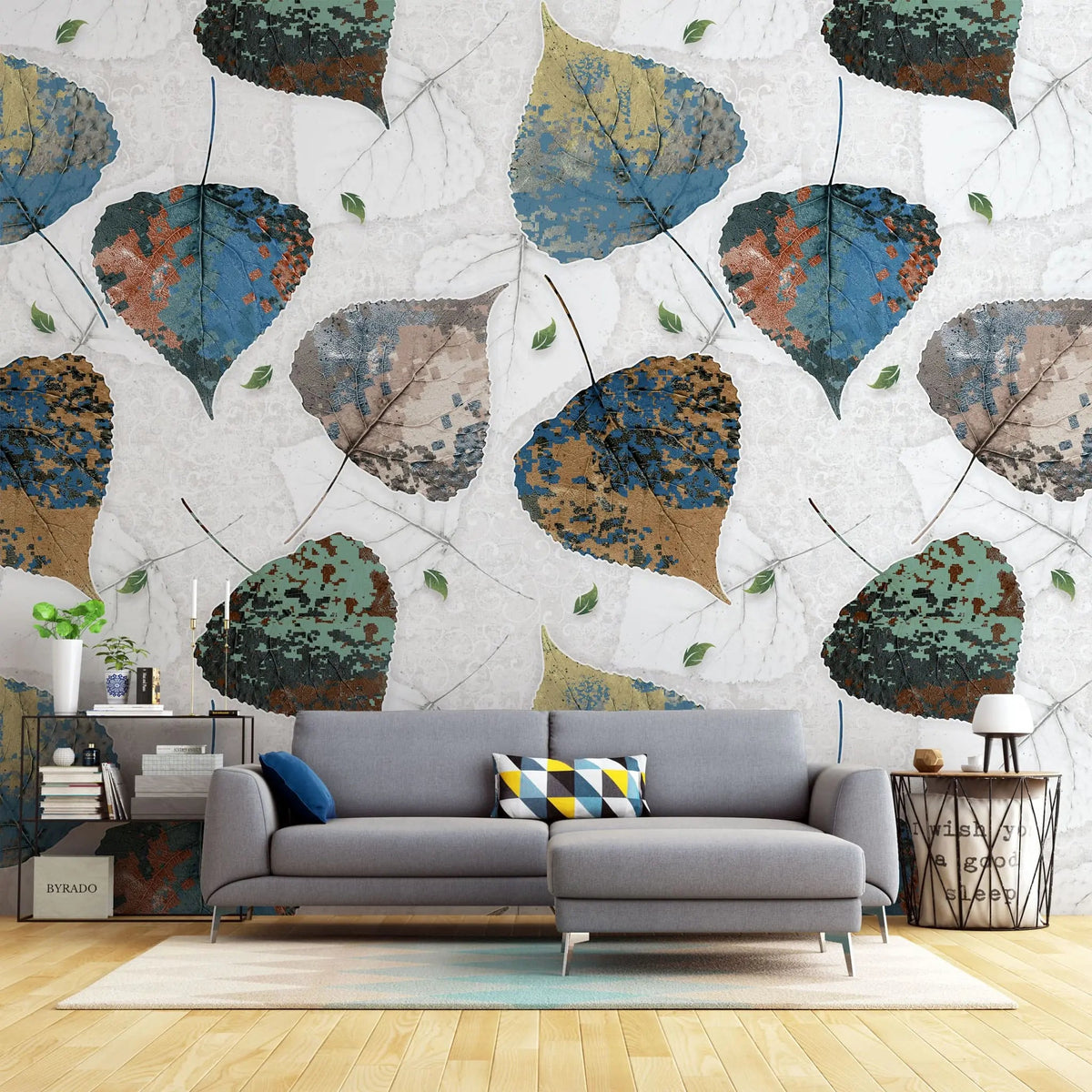 Tapet personalizat cu frunze multicolore de tei in nuante de albastru verde aramiu linden mural