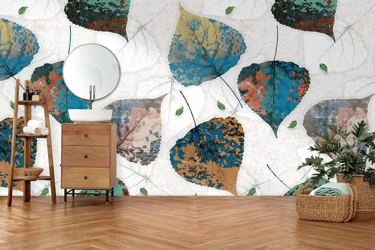 Tapet personalizat cu frunze multicolore de tei in nuante de albastru verde aramiu linden mural