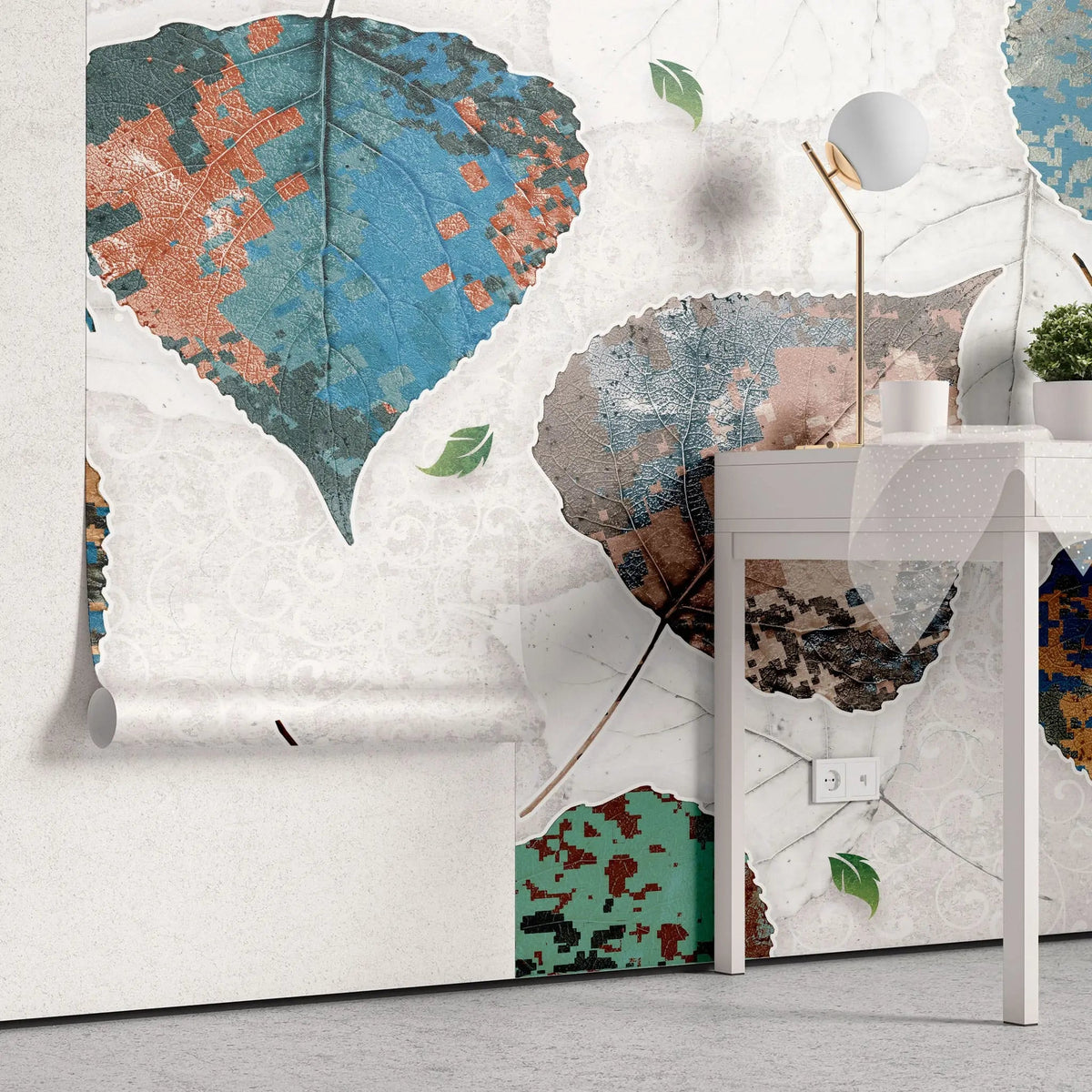 Tapet personalizat cu frunze multicolore de tei in nuante de albastru verde aramiu linden mural