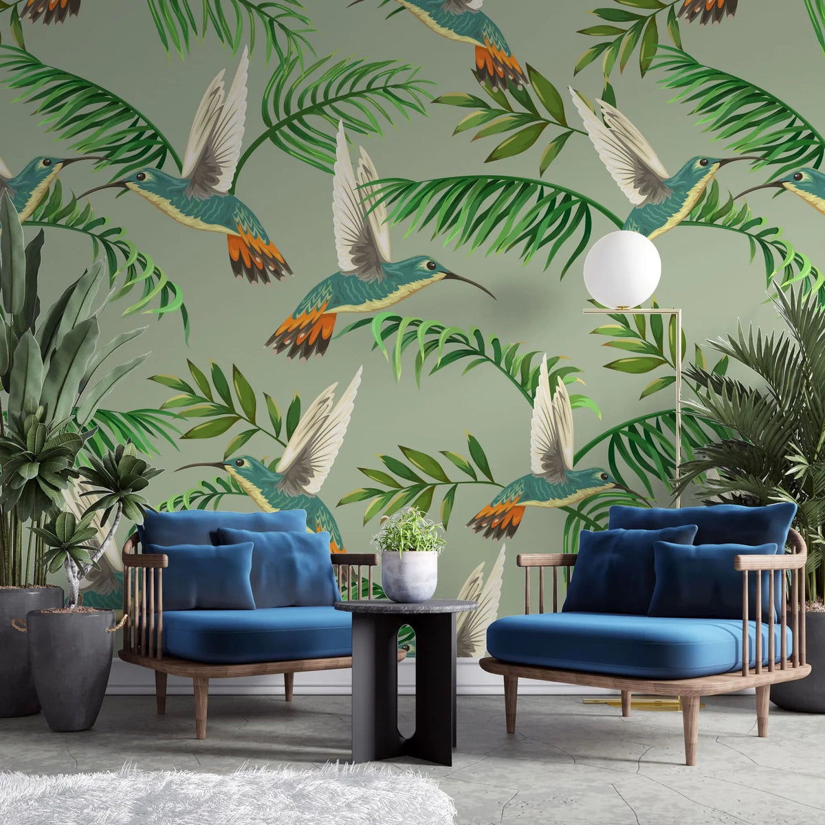 Tapet personalizat cu frunze tropicale de palmier si pasari exotice jacamar pe un fundal verde wildlife jacamar