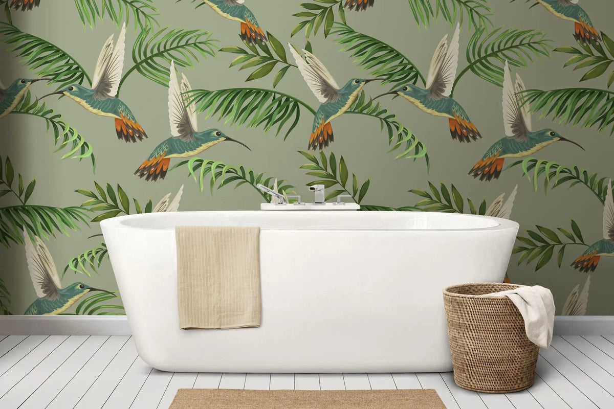 Tapet personalizat cu frunze tropicale de palmier si pasari exotice jacamar pe un fundal verde wildlife jacamar