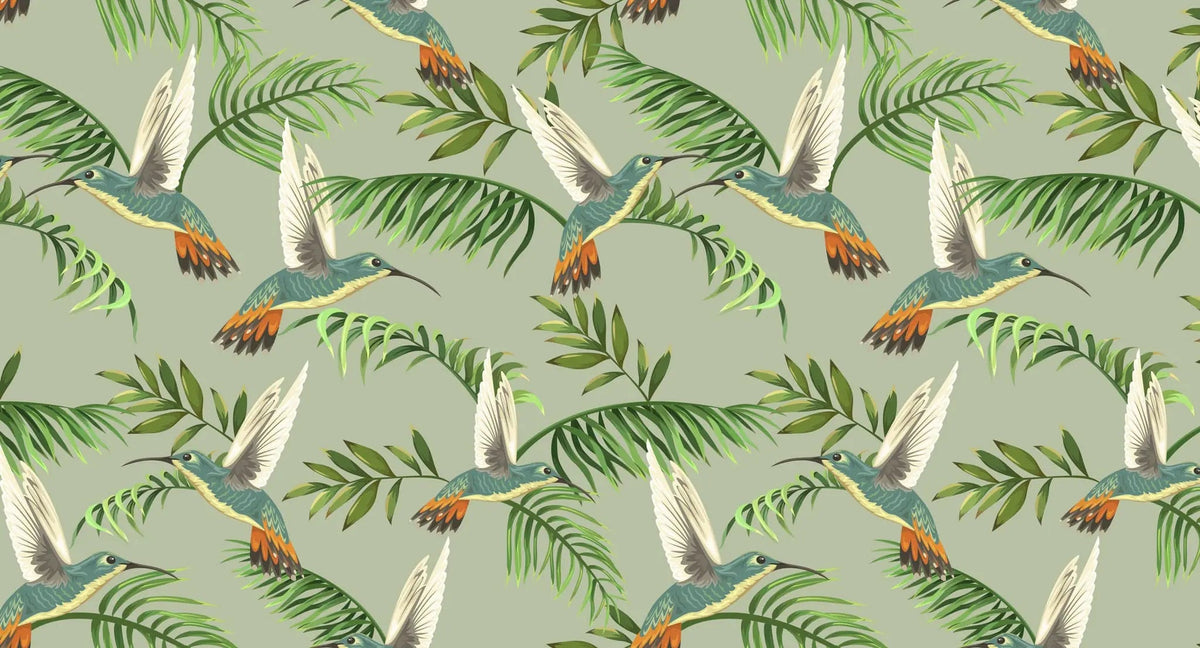 Tapet personalizat cu frunze tropicale de palmier si pasari exotice jacamar pe un fundal verde wildlife jacamar