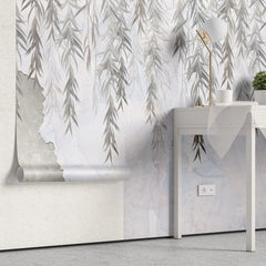 Tapet personalizat leaf cu salcie in tonuri gri pe perete de beton concrete weeping willow