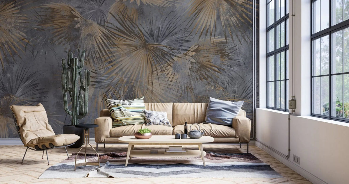 Tapet personalizat leaf cu frunze de palmier aramii pe un fundal inchis grunge palm leaves
