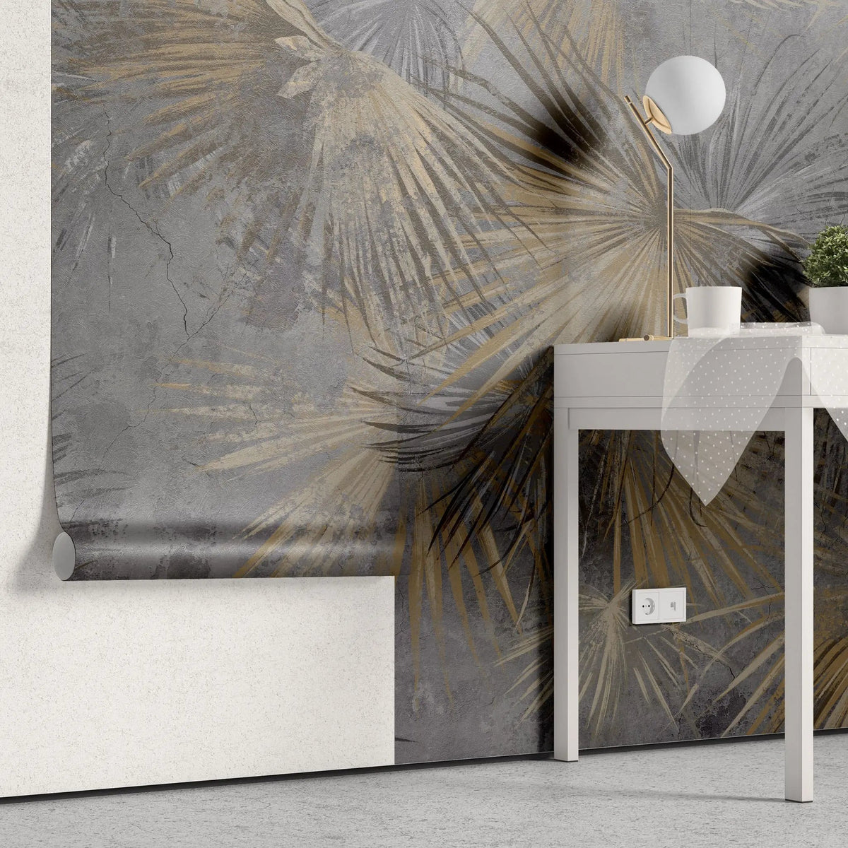 Tapet personalizat leaf cu frunze de palmier aramii pe un fundal inchis grunge palm leaves
