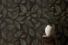 Tapet personalizat leaf cu frunze verde smarald texturate si conturate in relierf cu auriu textured emerald leaves