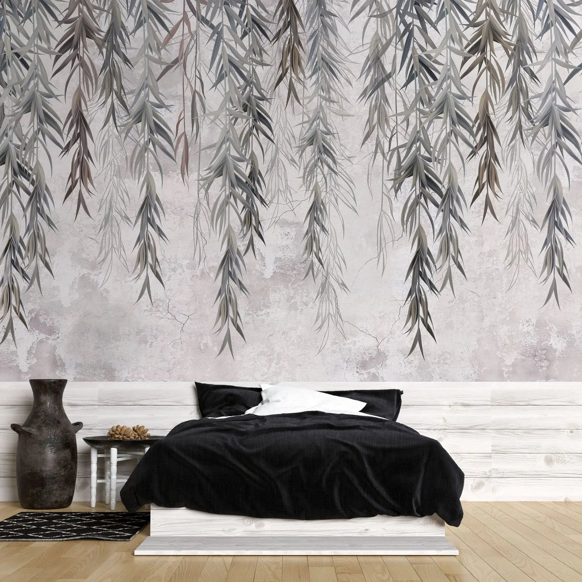 Tapet personalizat leaf cu ramuri de salcie gri pe un fundal texturat grey weeping willow