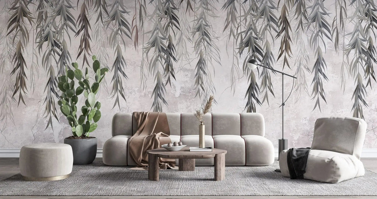 Tapet personalizat leaf cu ramuri de salcie gri pe un fundal texturat grey weeping willow