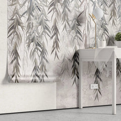 Tapet personalizat leaf cu ramuri de salcie gri pe un fundal texturat grey weeping willow