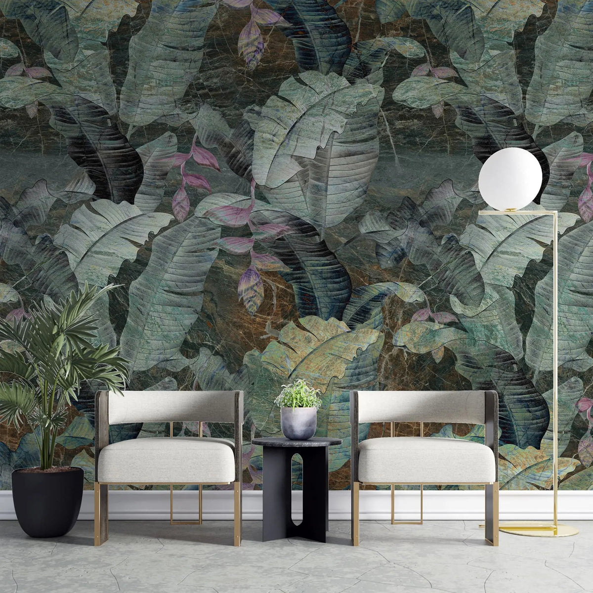 Tapet personalizat leaf cu frunze tropicale in tonuri inchise tropical dark leaves