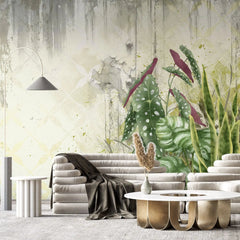 Tapet personalizat leaf cu frunze de begonie si alocasia pe un perete degradat begonia wall