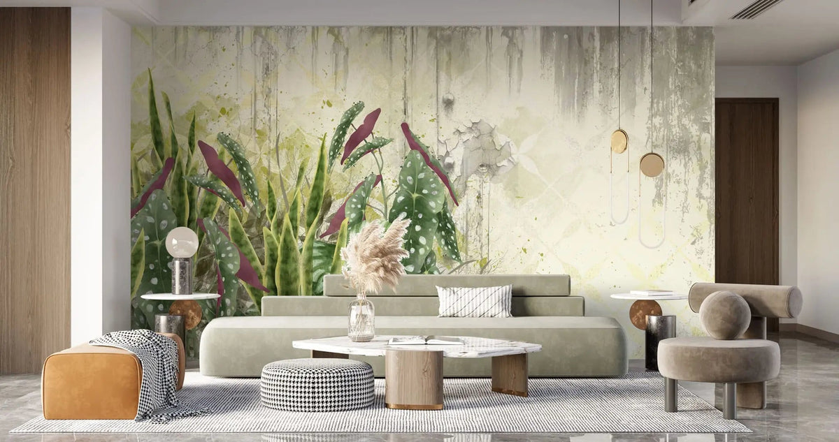 Tapet personalizat leaf cu frunze de begonie si alocasia pe un perete degradat begonia wall