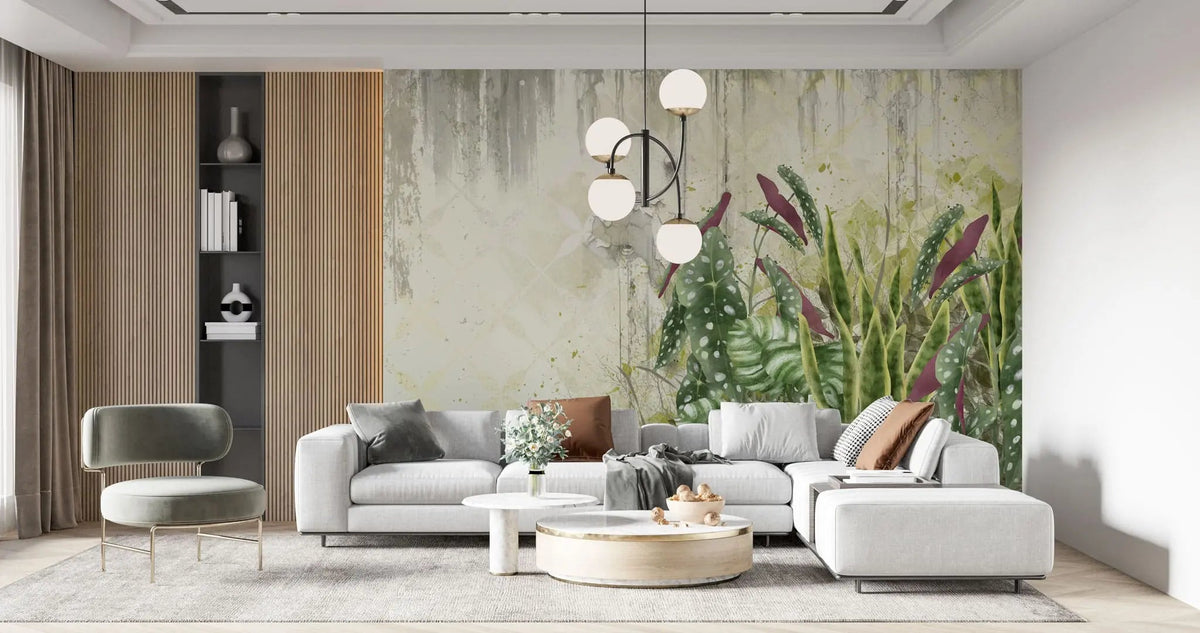 Tapet personalizat leaf cu frunze de begonie si alocasia pe un perete degradat begonia wall