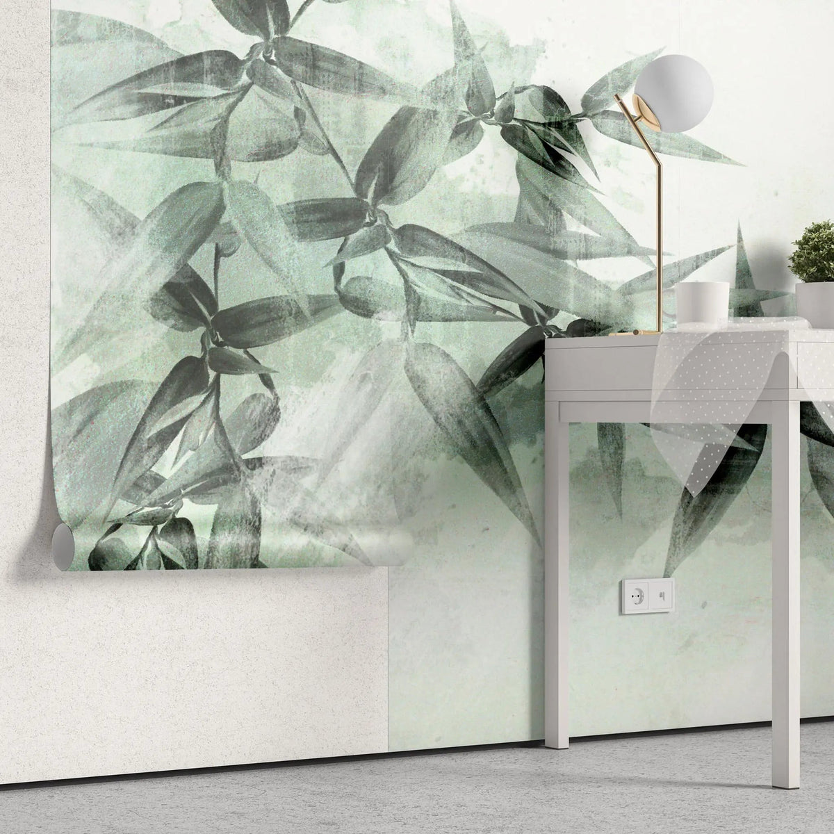 Tapet personalizat leaf cu frunze de bambus in nuante de verde menta pe fundal alb mint bamboo
