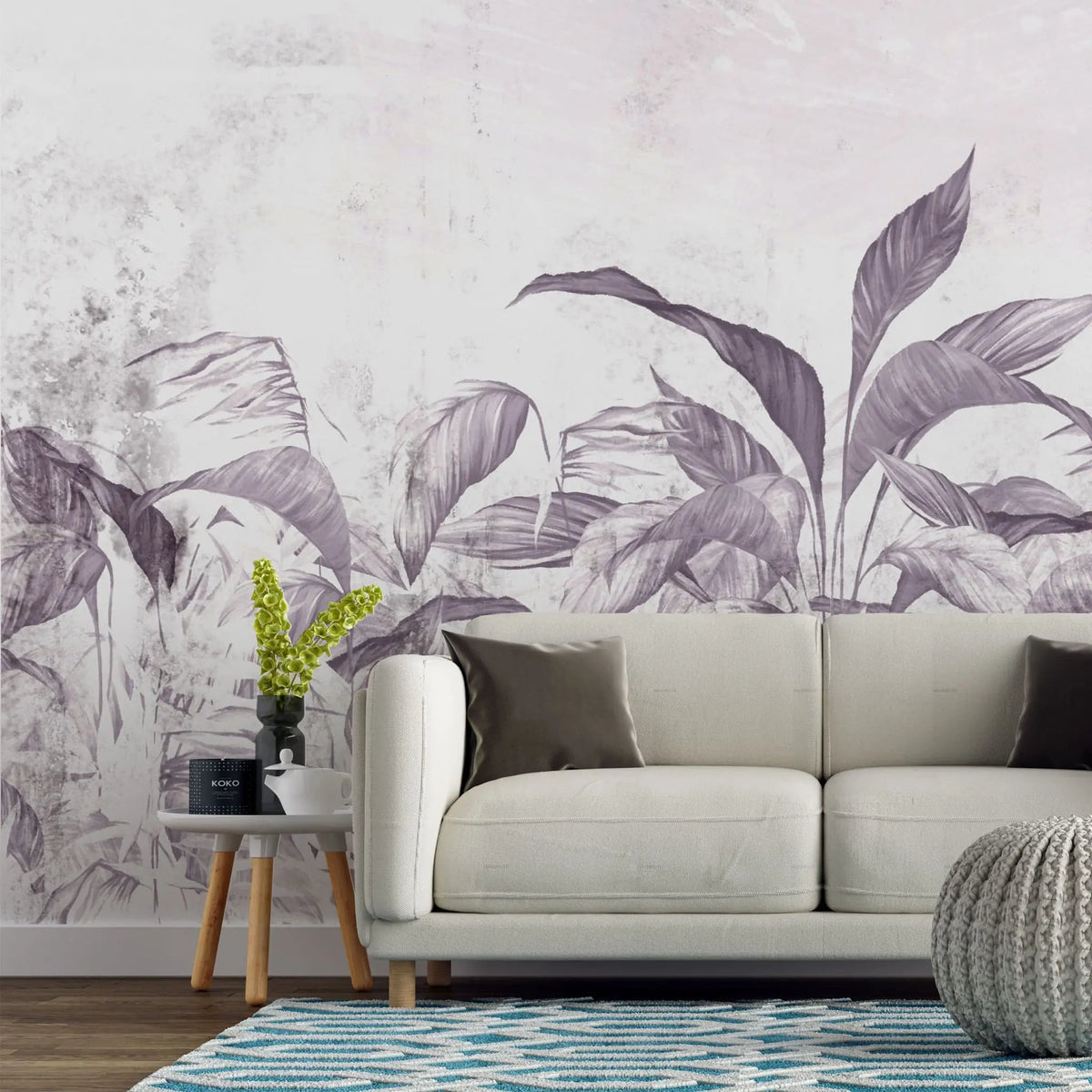Tapet personalizat leaf cu frunze tropicale in nuante mov lila pe un fundal deschis purpple leaves