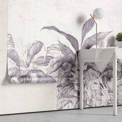 Tapet personalizat leaf cu frunze tropicale in nuante mov lila pe un fundal deschis purpple leaves