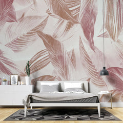 Tapet personalizat leaf cu frunze tropicale roz pe fundal deschis pink tropicalia