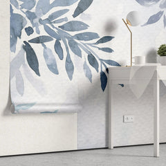 Tapet personalizat leaf cu frunze albastre pictate in stil watercolor pe un fundal alb texturat navy leaves
