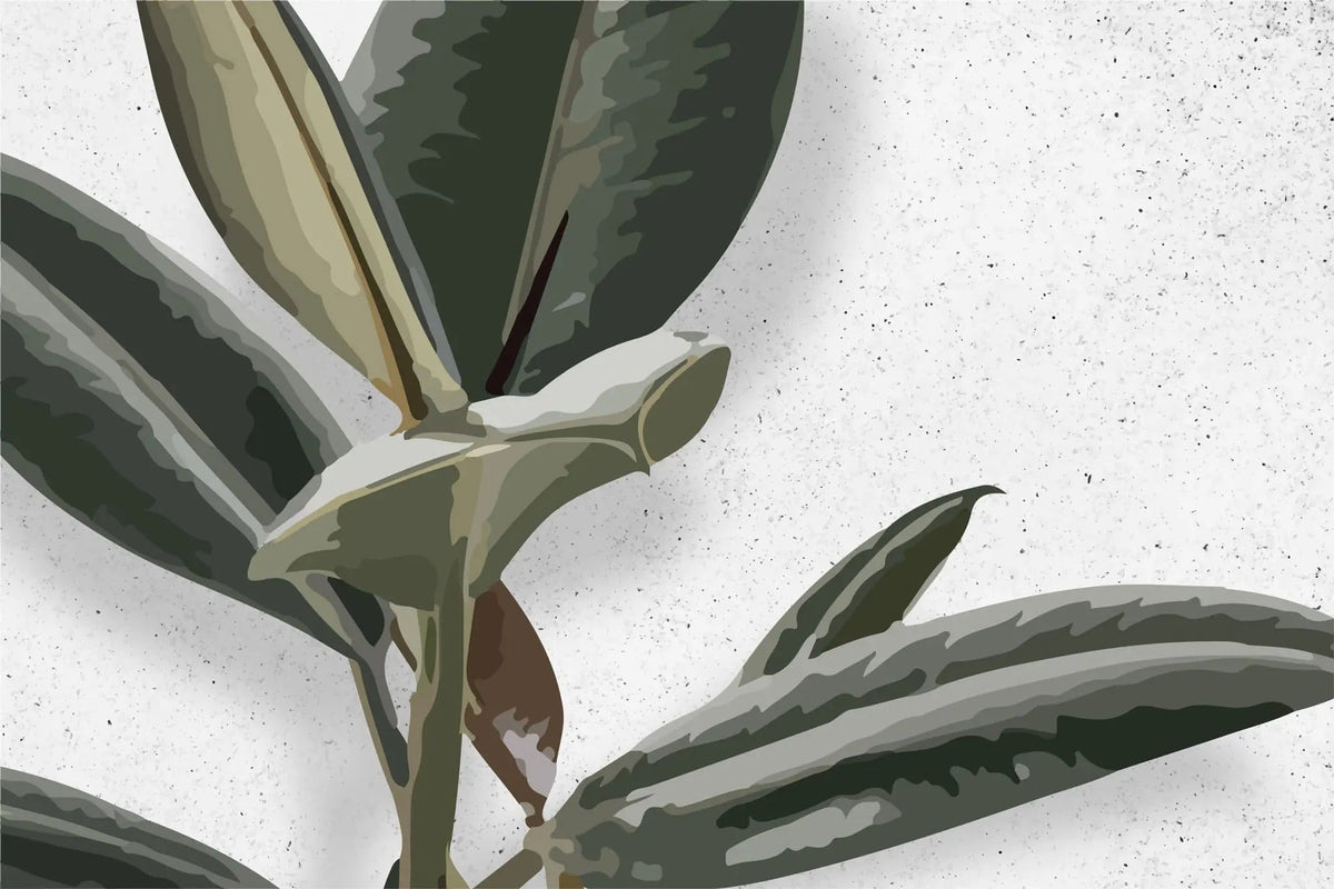 Tapet personalizat leaf cu frunze de ficus elastica in stil digital artwork pe fundal granulat alb ficus elastica